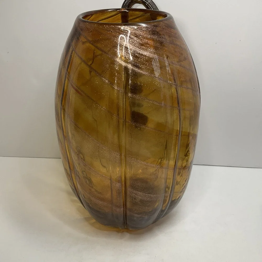 Vintage Tall Pier One Amber & gold swirl glass pumpkin vase with long curly stem